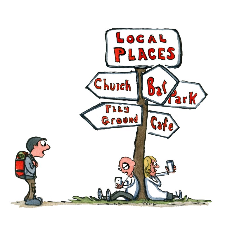 Drawing of a local place sign with church, bar, park cafe etc. and two people sitting under it with smartphones and a hiker watching. Illustration by Frits Ahlefeldt