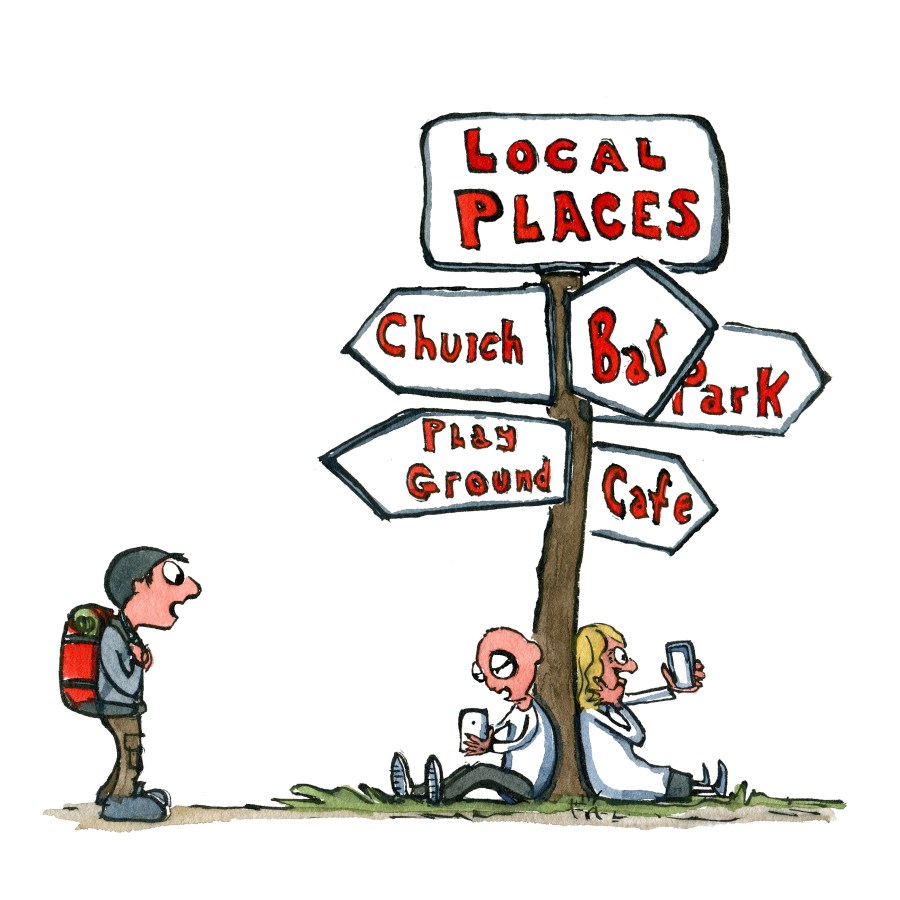 Drawing of a local place sign with church, bar, park cafe etc. and two people sitting under it with smartphones and a hiker watching. Illustration by Frits Ahlefeldt