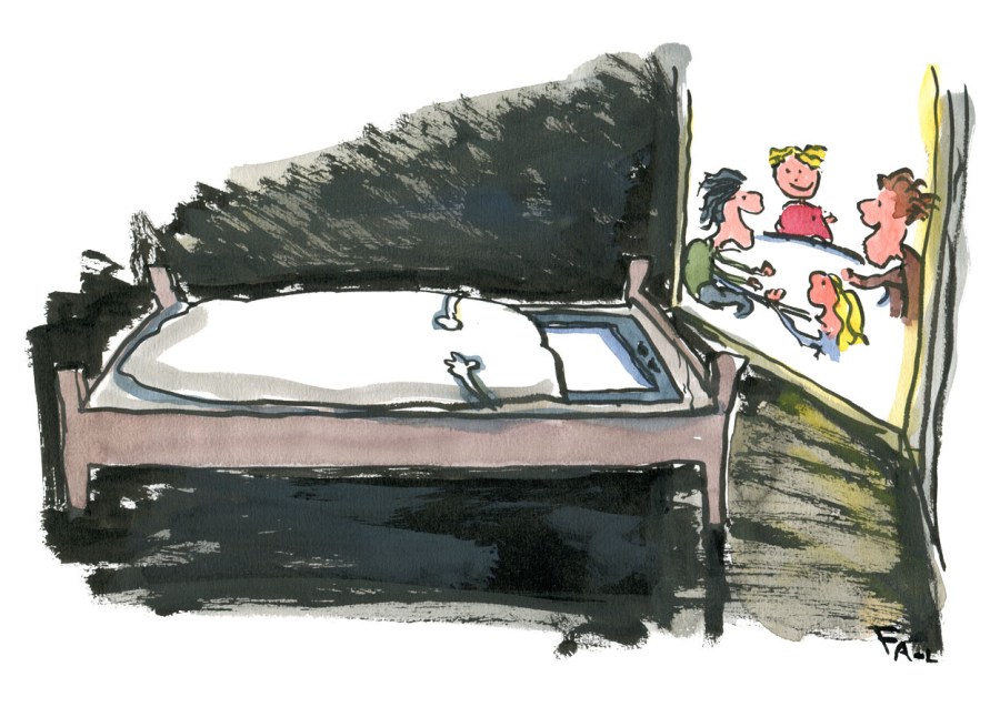 Phone in bed asleep while people laugh in room next to. Drawing by Frits Ahlefeldt