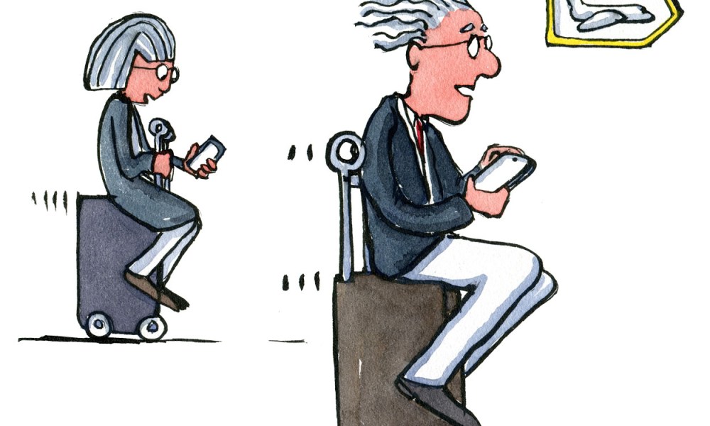illustration of man and woman sitting on suitcase that is self driving. Drawing by Frits Ahlefeldt