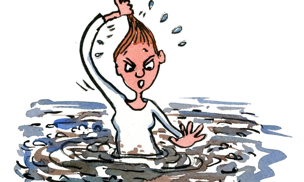 illustration of a girl grabbing her hair and working to pull herself out of the mud. illustration by Frits Ahlefeldt