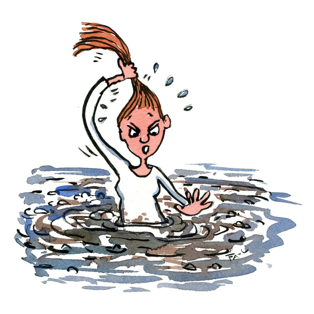 illustration of a girl grabbing her hair and working to pull herself out of the mud. illustration by Frits Ahlefeldt
