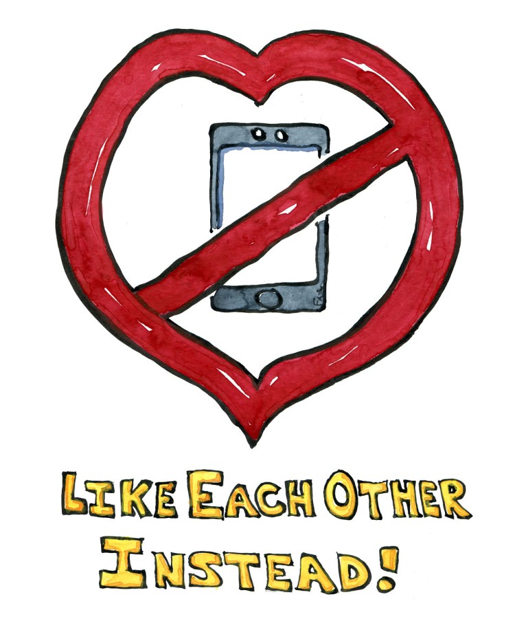 Illustration of a no access heart with phone and the text "like each other instead" illustration by Frits Ahlefeldt