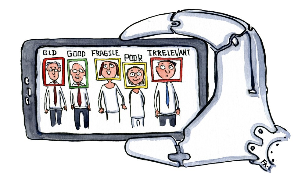 illustration of robot hand with smart phone with portraits, face recognition of people evaluating them. drawing by Frits Ahlefeldt