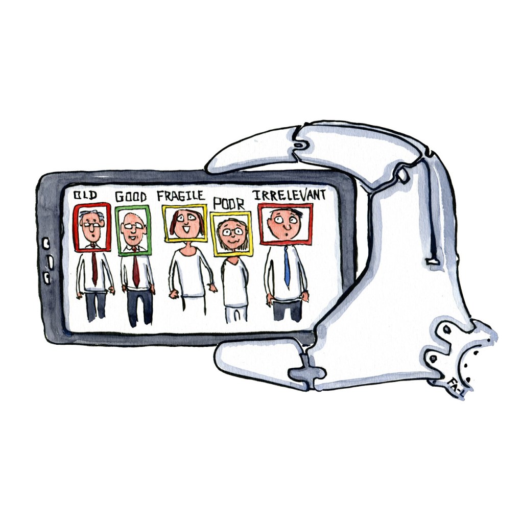 illustration of robot hand with smart phone with portraits, face recognition of people evaluating them. drawing by Frits Ahlefeldt