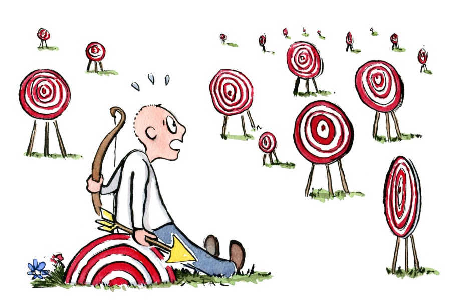 Man sitting in front of a number of targets with a bow and arrow, looking indecisive. Illustration by Frits Ahlefeldt