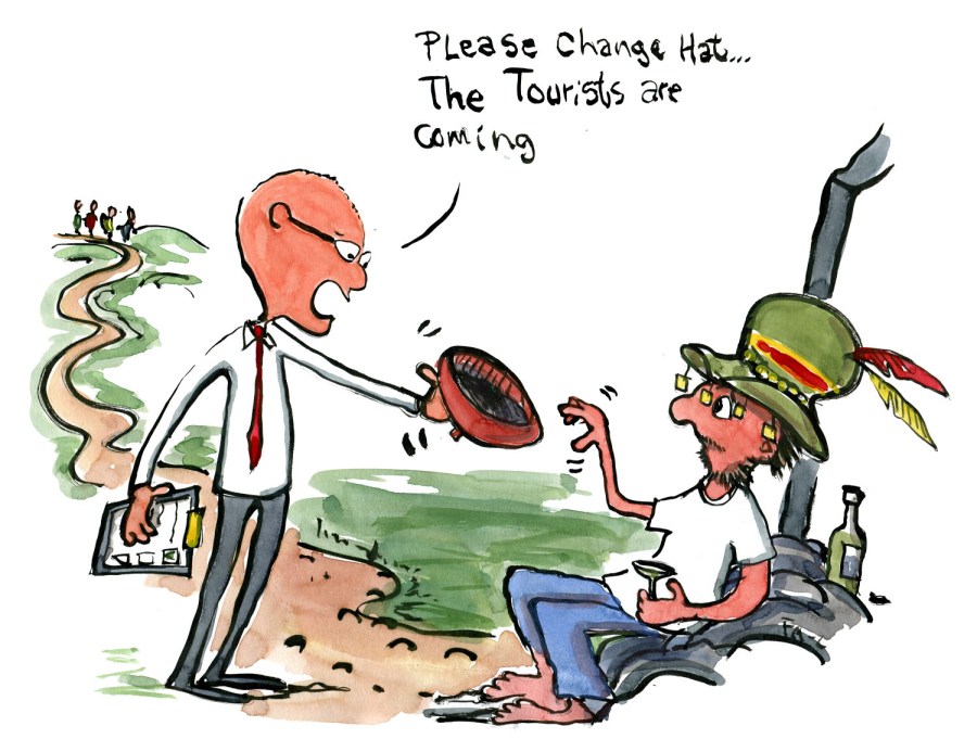 Tourism expert man telling one of the locals to change his hat. illustration by Frits Ahlefeldt