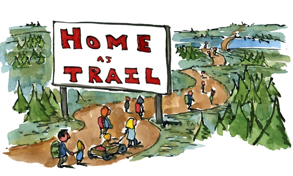 People walking past trail as home sign. drawing by Frits Ahlefeldt