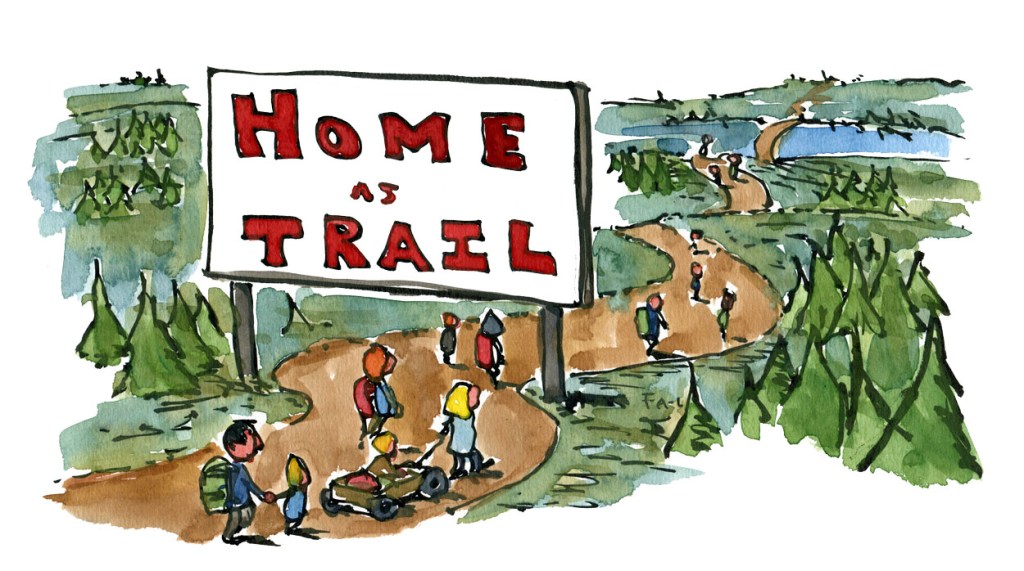 People walking past  trail as home sign. drawing by Frits Ahlefeldt