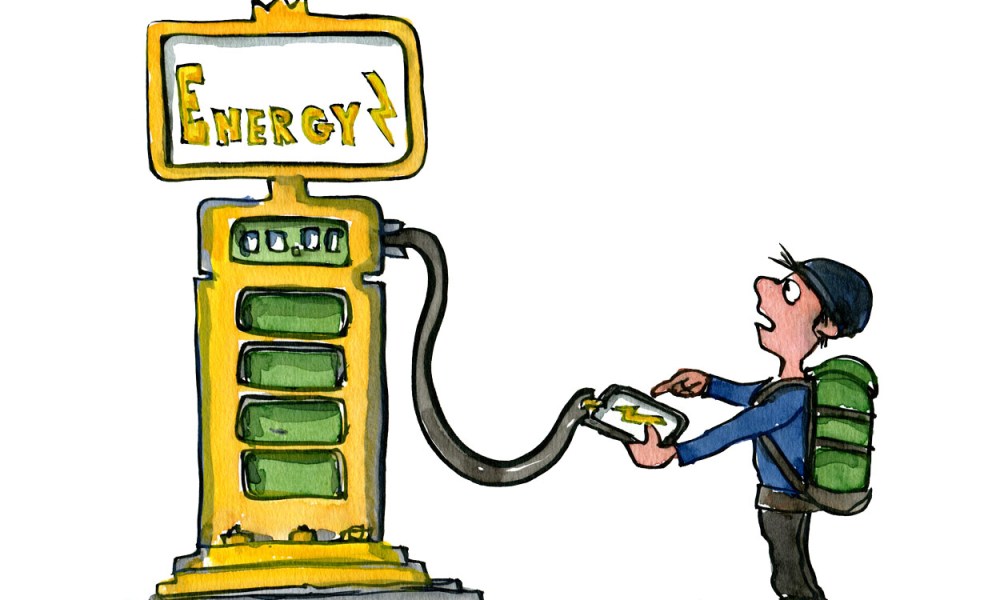 hiker recharging mobile phone on gas station like power station. illustration by Frits Ahlefeldt