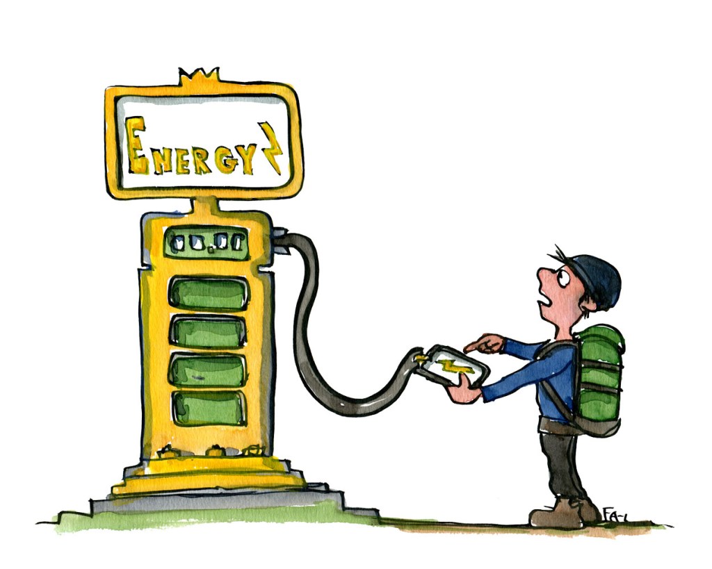 hiker recharging mobile phone on gas station like power station. illustration by Frits Ahlefeldt