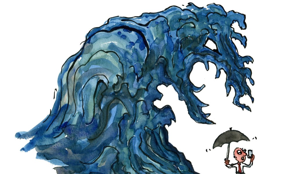Huge wave approaching a business man on his phone with an umbrella to face the unexpected. Illustration by Frits Ahlefeldt