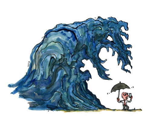 Huge wave approaching a business man on his phone with an umbrella to face the unexpected. Illustration by Frits Ahlefeldt