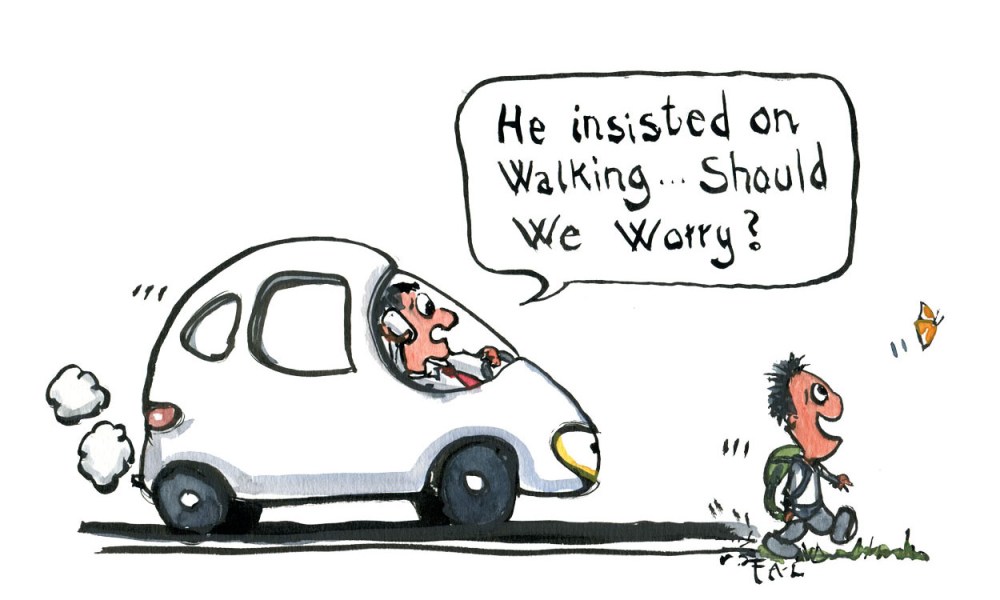 illustration of man sitting in car beside kid walking. Man on phone saying "he insisted on walking, should we worry" drawing by Frits Ahlefeldt