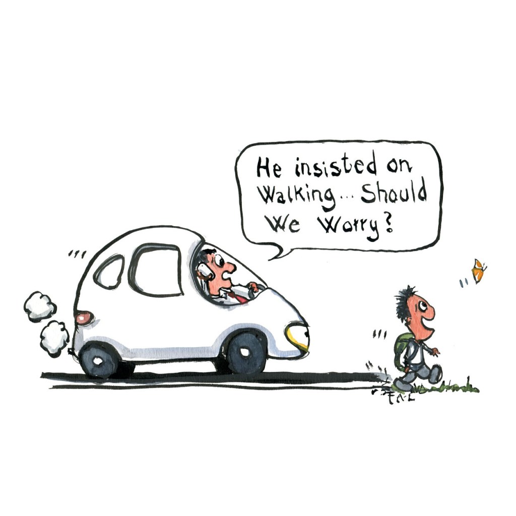 illustration of man sitting in car beside kid walking. Man on phone saying "he insisted on walking, should we worry" drawing by Frits Ahlefeldt