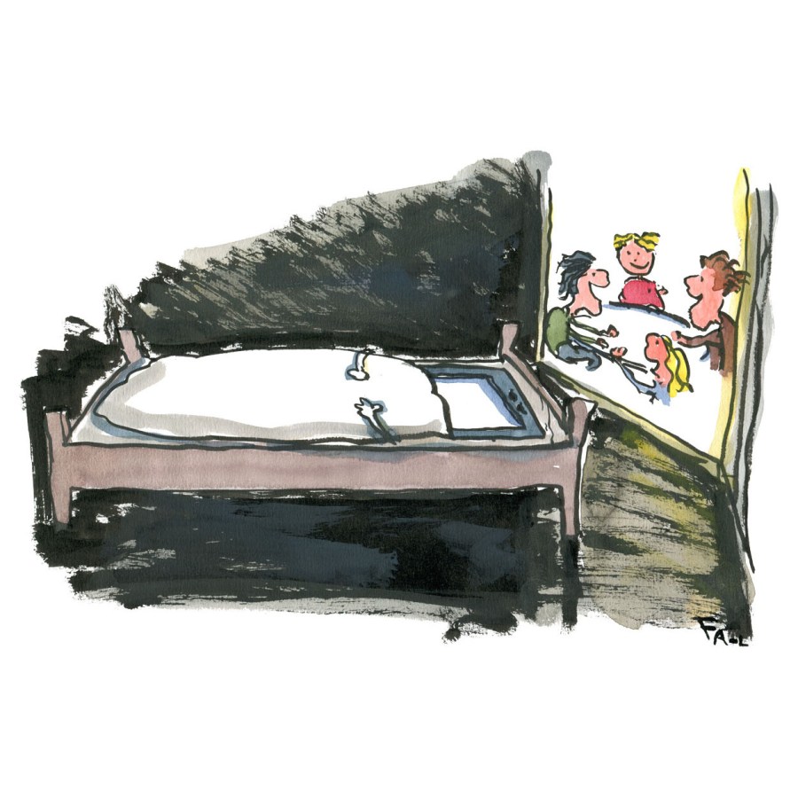 illustration of a phone sleeping in a bed. By Frits Ahlefeldt