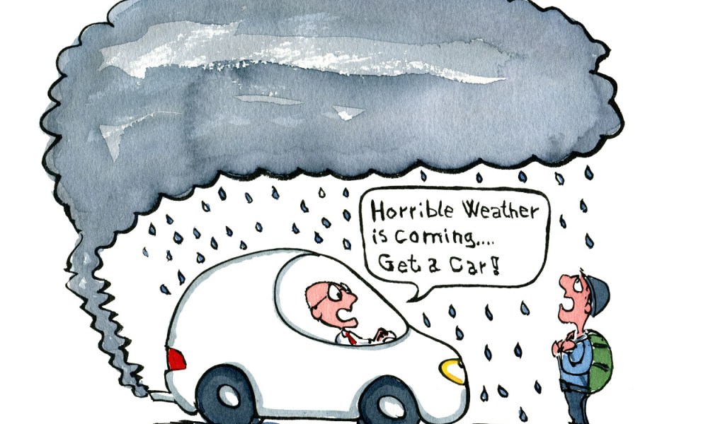 illustration of a man in a car, that makes pollution that becomes heavy rain over a hiker. Get a car the driver advice. illustration by Frits Ahlefeldt