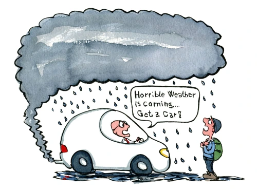 illustration of a man in a car, that makes pollution that becomes heavy rain over a hiker. Get a car the driver advice. illustration by Frits Ahlefeldt