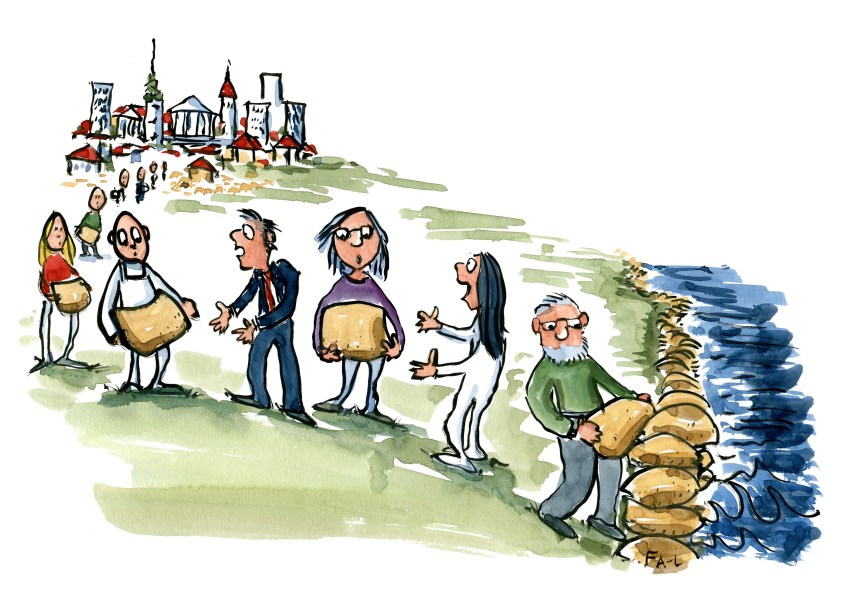 Climate change - sea level rise. People working together