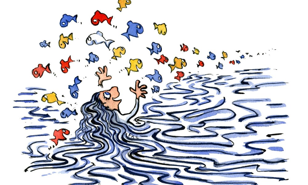 Drawing of a woman in water surrounded by Fish. Drawing by Frits Ahlefeldt