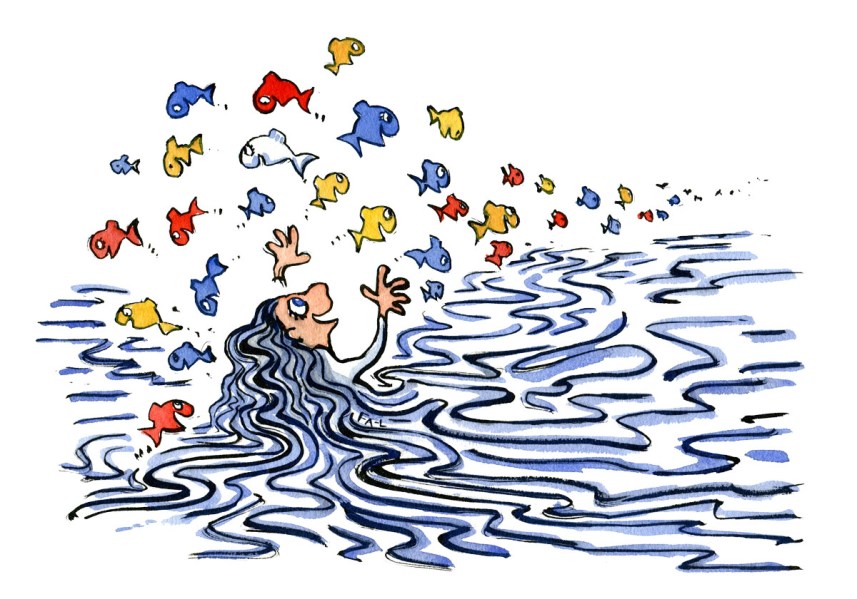 Drawing of a woman in water surrounded by Fish. Drawing by Frits Ahlefeldt