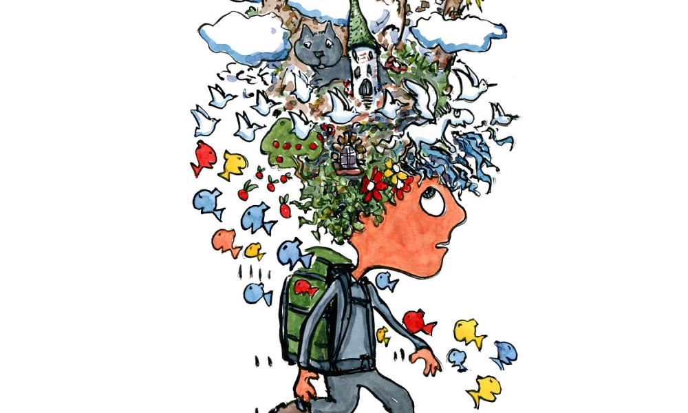 Hiker with landscapes on top of his head. illustration by Frits Ahlefeldt