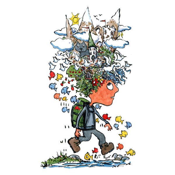 Hiker with landscapes on top of his head. illustration by Frits Ahlefeldt