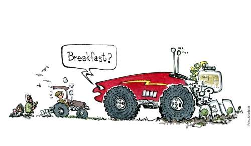 Drawing of a huge self driving automatic, intelligent farming machine asking small traditional tractor "breakfast?" Illustration by Frits ahlefeldt