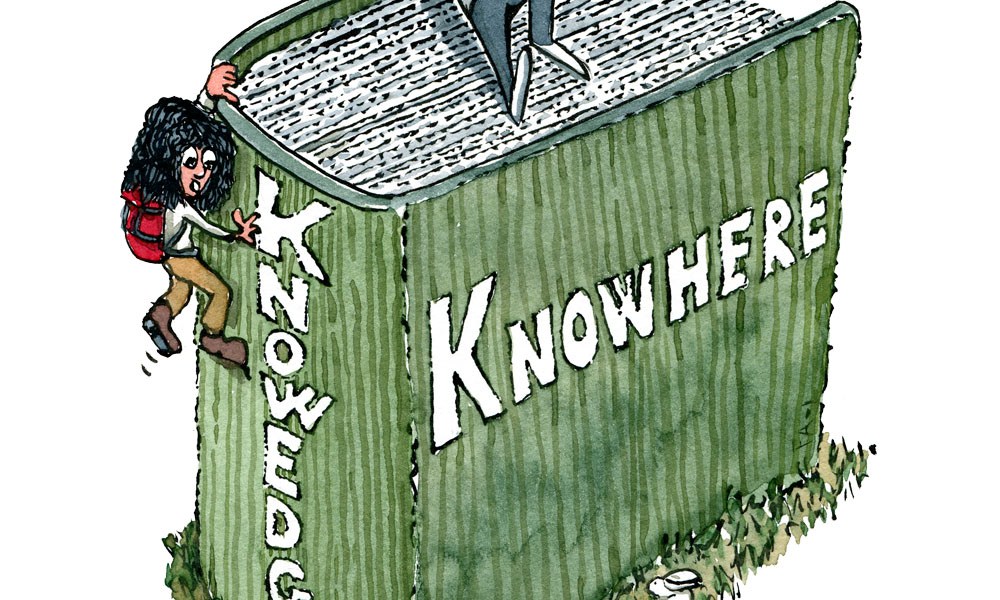 Drawing of a man sitting on top of a thick book with the title "knowhere" and a woman with backpack climbing the edge where the title is "knowedge". Illustration by Frits Ahlefeldt