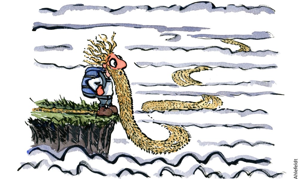 Drawing by Frits Ahlefeldt of a hiker with a long beard that becomes a trail. Illustration hiking.