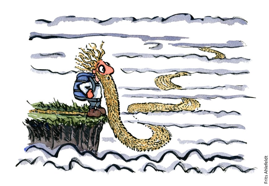 Drawing by Frits Ahlefeldt of a hiker with a long beard that becomes a trail. Illustration hiking.