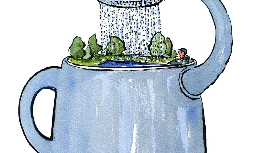 Drawing of a water can with the tip turning back inwards over itself. Circular storytelling Illustration by Frits Ahlefeldt