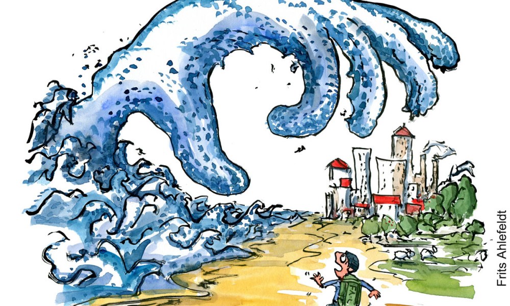 Illustration of a huge hand reaching out of the ocean for a city. Hiking drawing by Frits Ahlefeldt