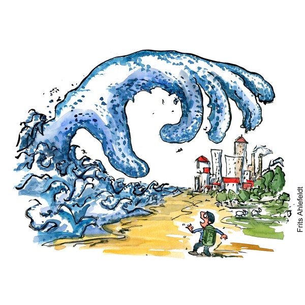 Illustration of a huge hand reaching out of the ocean for a city. Hiking drawing by Frits Ahlefeldt