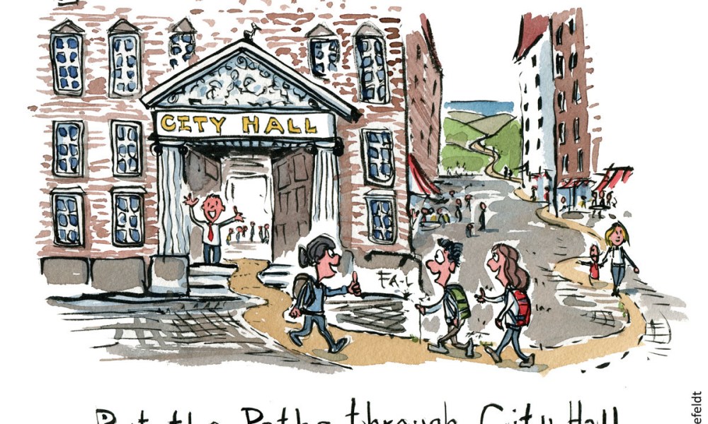 Illustration of hikers on a trail going right in through city hall in town. Hiking cartoon and drawing by Frits Ahlefeldt