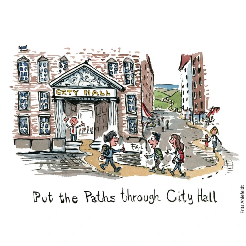 Illustration of hikers on a trail going right in through city hall in town. Hiking cartoon and drawing by Frits Ahlefeldt