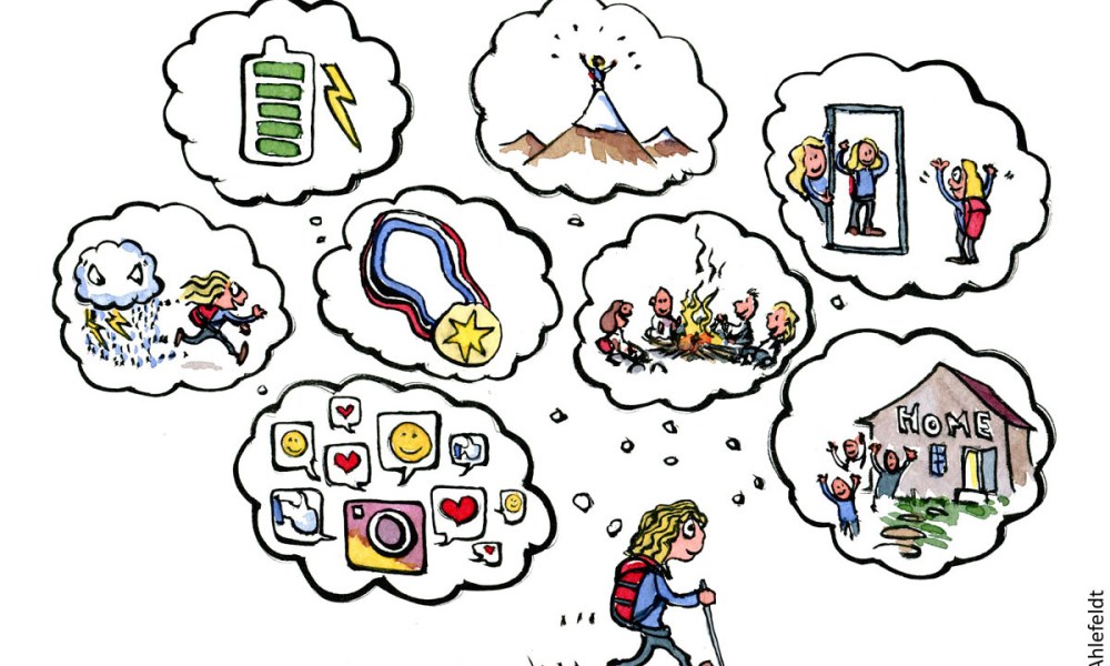 Illustration of a hiker changing thoughts while hiking. Hiking cartoon and drawing by Frits Ahlefeldt