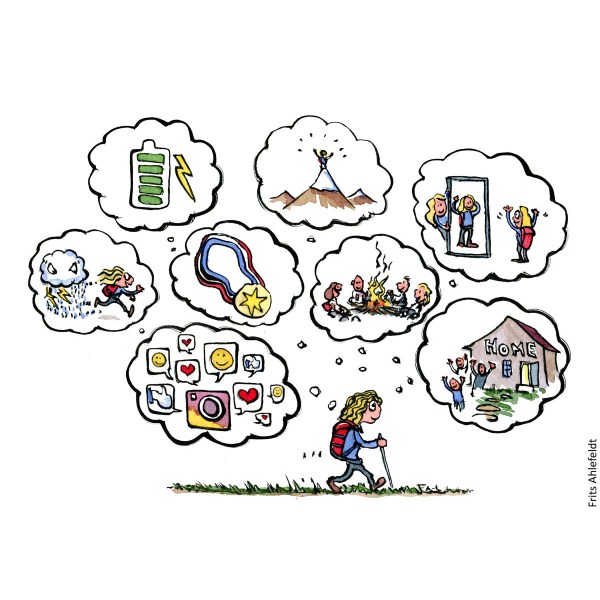 Illustration of a hiker changing thoughts while hiking. Hiking cartoon and drawing by Frits Ahlefeldt
