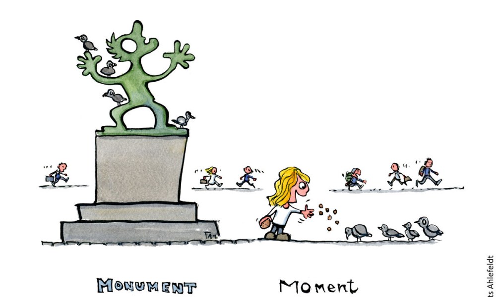 illustration of monument with pigeon on it and a girl feeding pigeon besides it. Text Monument and Moment. Hiking cartoon and drawing by Frits Ahlefeldt