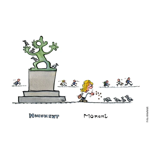 illustration of monument with pigeon on it and a girl feeding pigeon besides it. Text Monument and Moment. Hiking cartoon and drawing by Frits Ahlefeldt