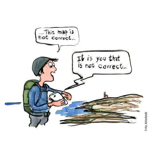 Cartoon: Hiker with phone saying "This map is not correct" Phone answer "It is you that is not correct" Hiking cartoon and drawing by Frits Ahlefeldt