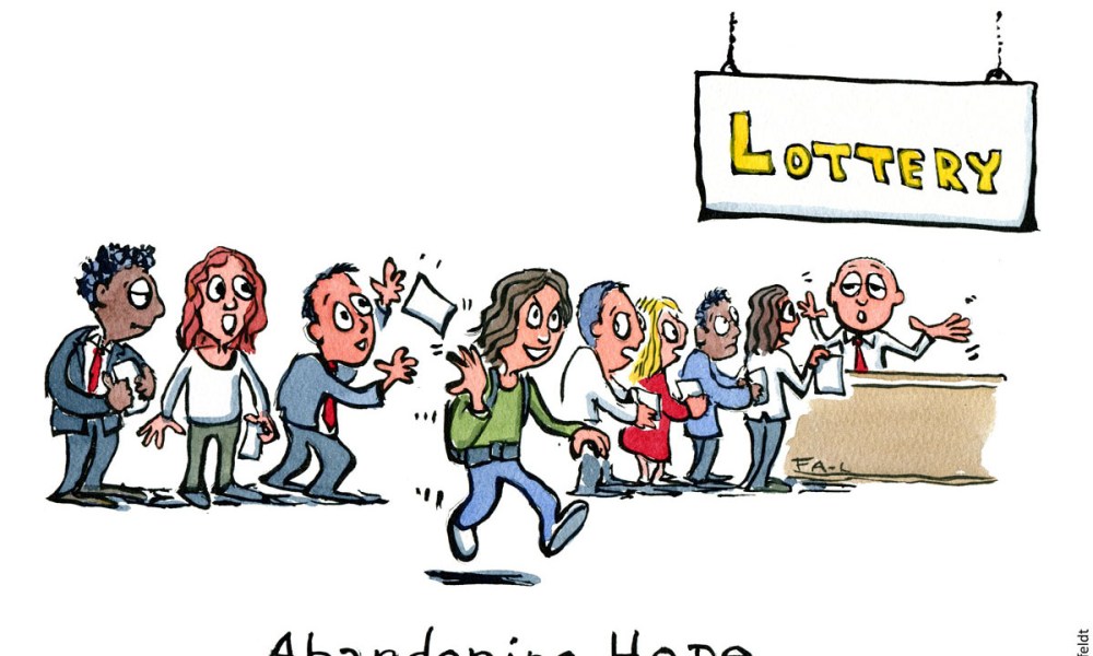 Cartoon: Hiker leaving the lottery cue. With text: "Abandoning hope". Hiking cartoon and drawing by Frits Ahlefeldt