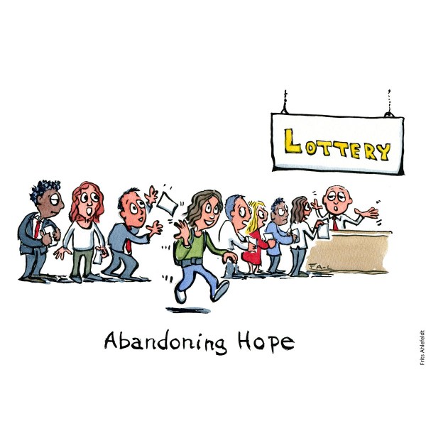 Cartoon: Hiker leaving the lottery cue. With text: "Abandoning hope". Hiking cartoon and drawing by Frits Ahlefeldt