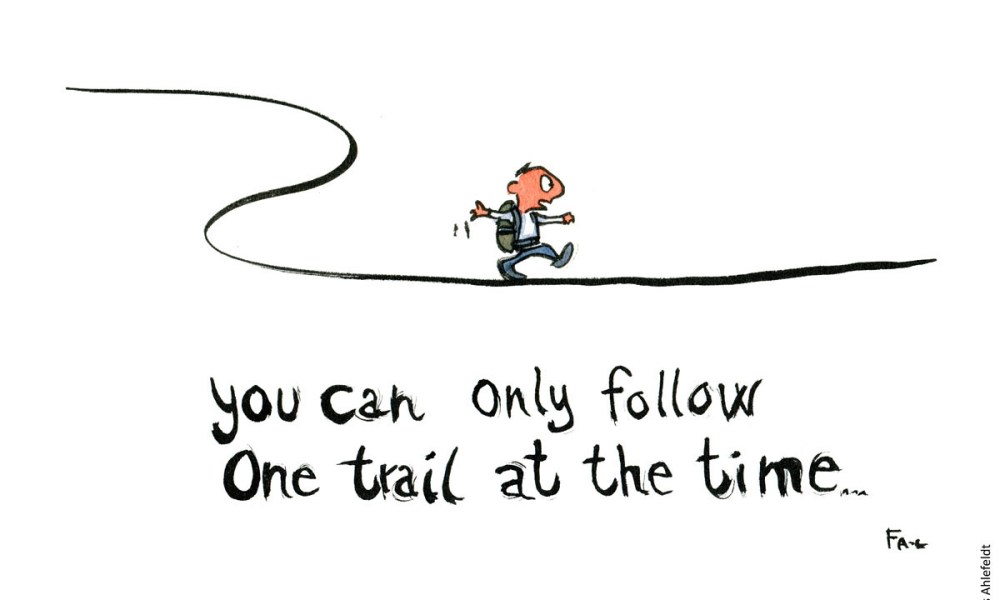 Man - Hiker on a line and text: "You can only follow one trail at the time" Hiking cartoon and drawing by Frits Ahlefeldt